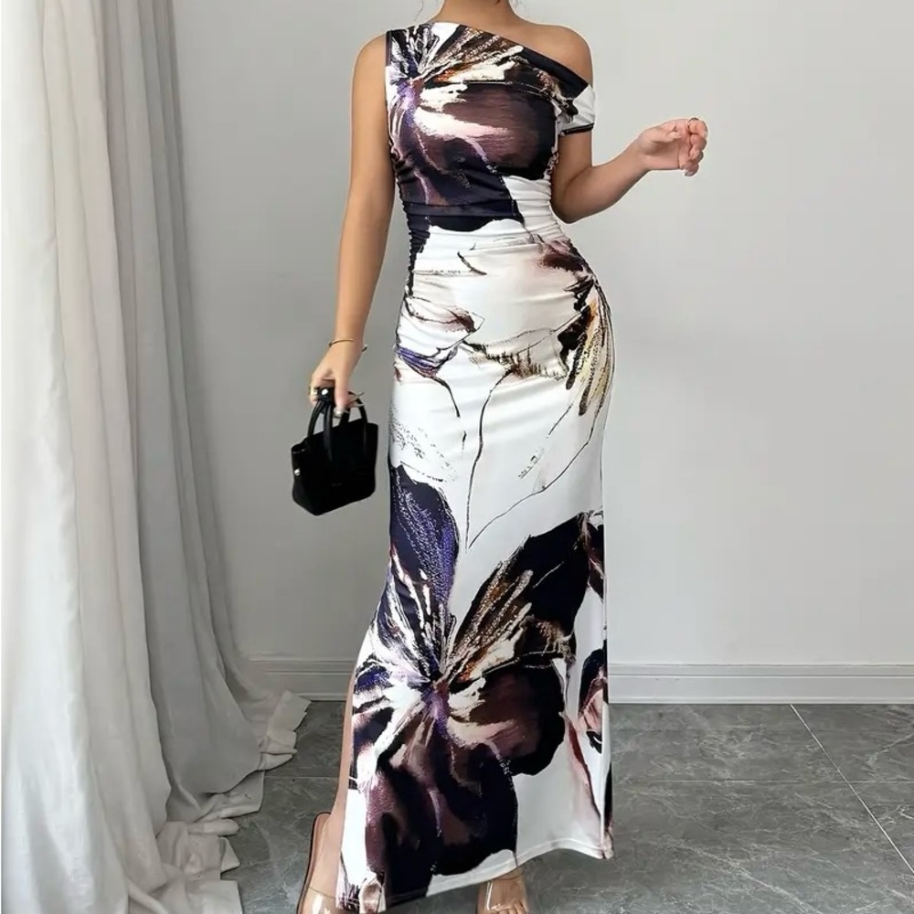 Floral One-Shoulder Maxi Dress in White and Purple
